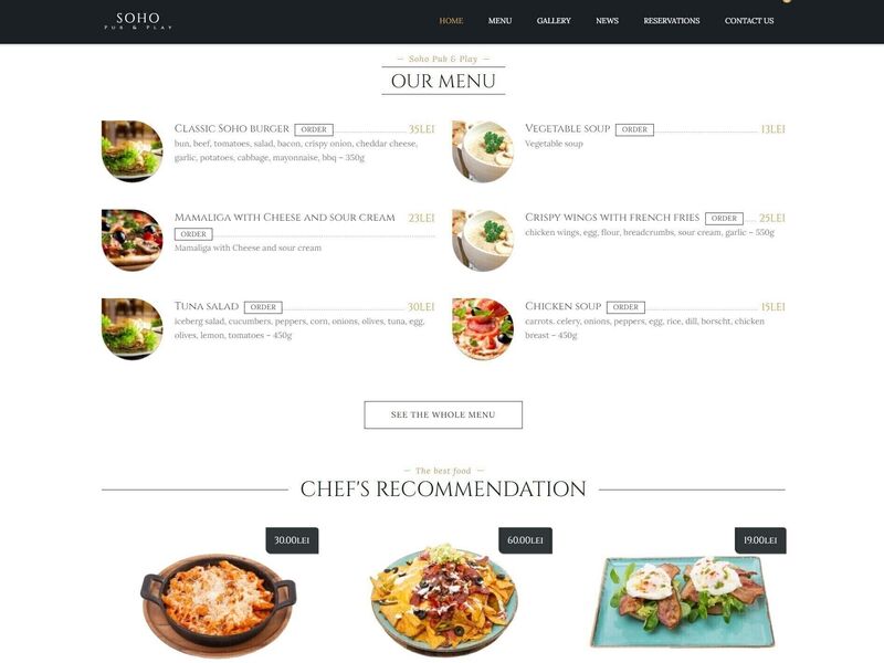 SOHO Pub & Play - E-commerce & Business site for a Lounge-Brunch