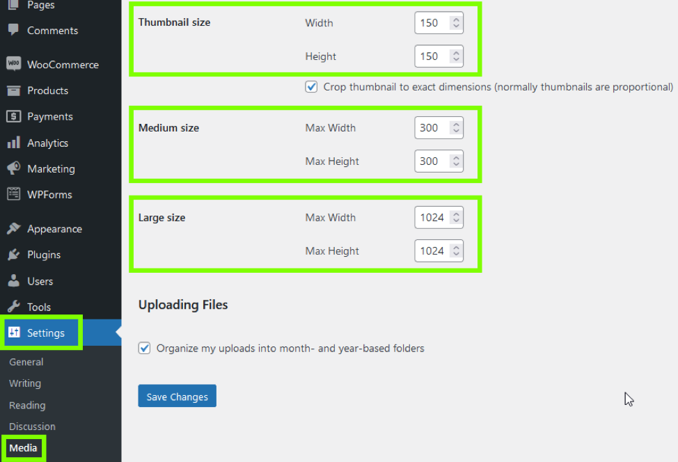 A screenshot of where to customize WooCommerce image sizes.