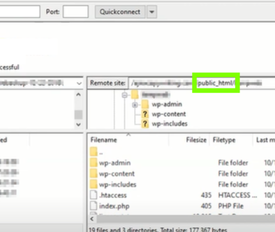 A screenshot from FileZilla’s FTP client showing the root folder of a WordPress website.