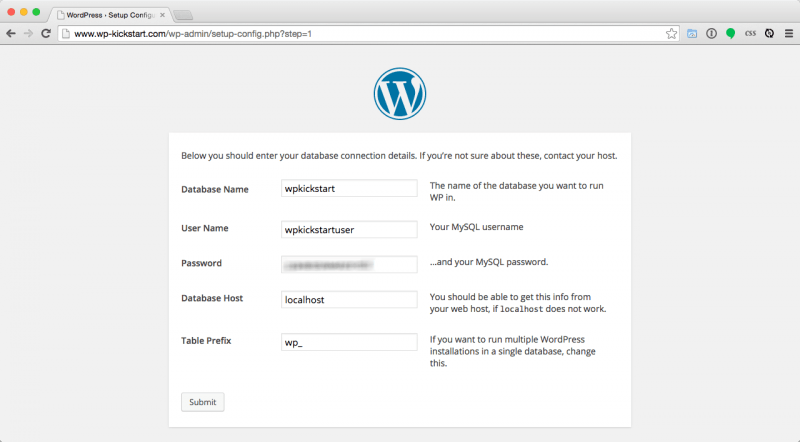 Install WordPress database credentials