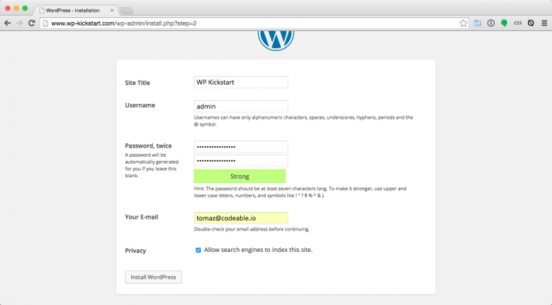 Install WordPress site configuration