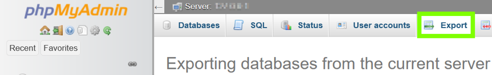 A screenshot of the phpMyAdmin dashboard, showing where to find the “Export” option.