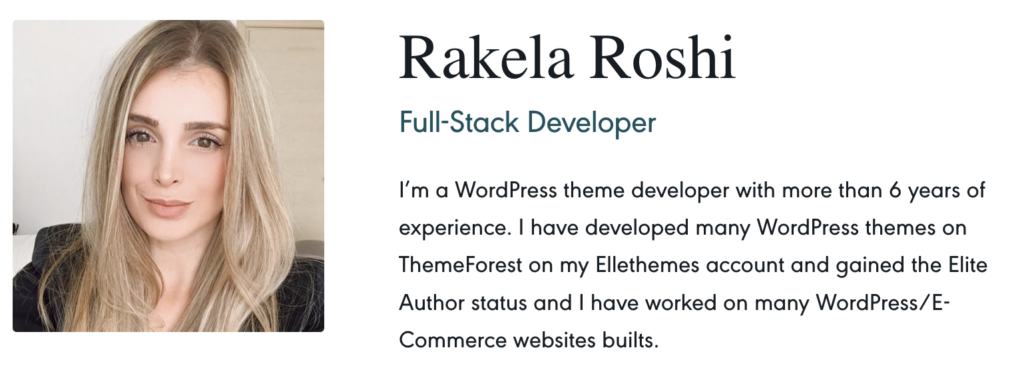 Rakela Roshi: Full-Stack Developer and Women of Codeable member. 