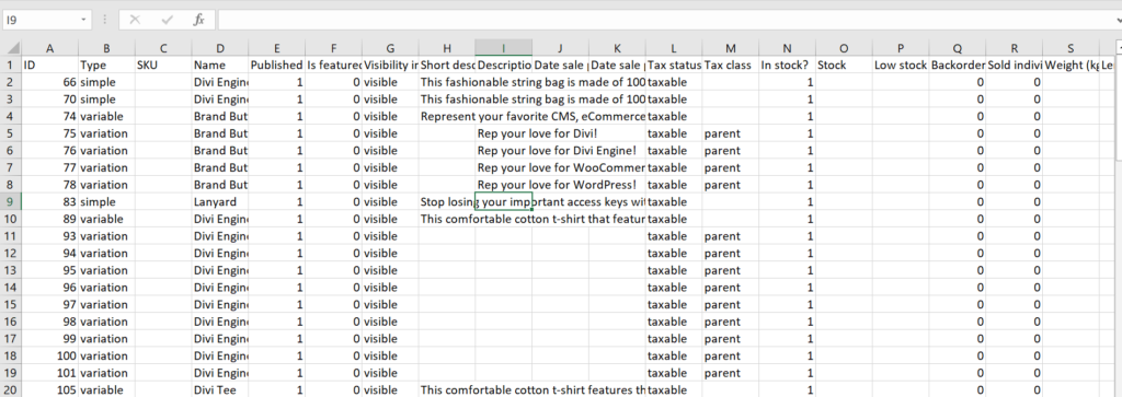 CSV file with products