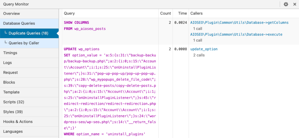 (The Query Monitor plugin, displaying an information table that has identified the All in One SEO (AIOSEO) plugin as a “potential troublemaker”)
