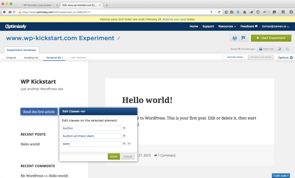 WordPress AB testing Optimizely edit class