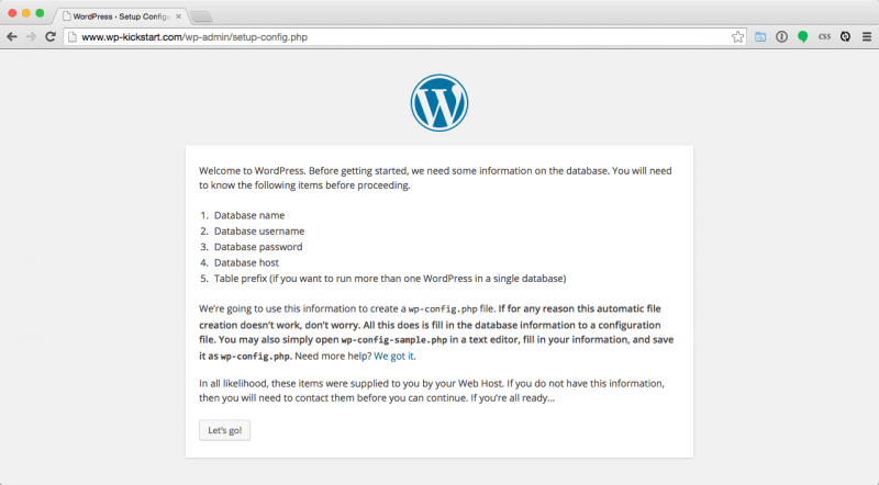 WordPress Install welcome screen