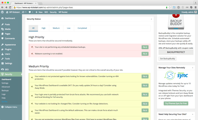 WordPress Security iThemes High Priority
