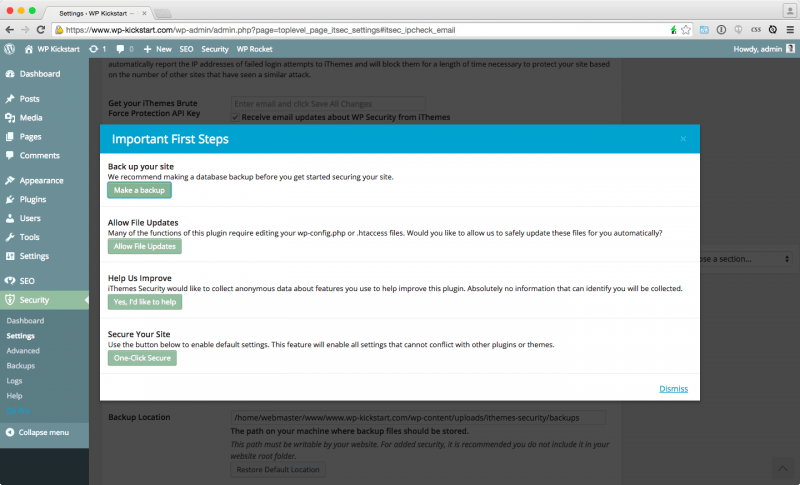 WordPress Security iThemes getting started modal